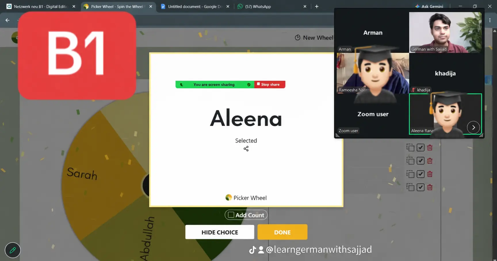 B1 Zoom class with a learner selection wheel shown on screen.